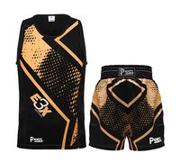 PSS Ensemble Boxe E3X Sublimation Enfants 3 à 14 Ans 2 Pièces Short + Débardeur Tenue Boxe Kick Boxing Muay Thai Boxe Anglaise Française 2 Modèles Noir Rouge Doré