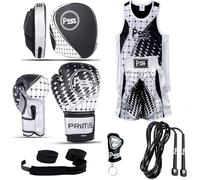 PSS Ensemble Boxe Enfants 3-14 Ans 6 Pièces Short & Débardeur + Gants 4Oz + 2 Pattes d'Ours + Accessoires, Muay Thai Kickboxing Anglaise, Noir, 11-12 Ans