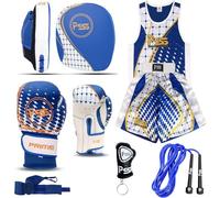 PSS Ensemble Boxe Enfants 3-14 Ans 6 Pièces Short & Débardeur + Gants Boxe Enfants 6Oz + 2 Pattes d’Ours + Accessoires, Ensemble Boxe Enfant Muay Thai Kickboxing Boxe Anglaise, Bleu, 9-10 Ans