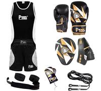 PSS Ensemble Boxe Enfants 3-14 Ans 6 Pièces Short & Débardeur + Gants Boxe Enfants 6Oz + 2 Pattes d’Ours + Accessoires pour Boxe Arts Martiaux Motifs Triangles, Réf. 1109, Noir, Taille 13-14 Ans