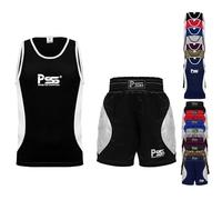 PSS Ensemble Boxe Enfants 3 à 14 Ans 2 Pièces Short + Débardeur Tenue Boxe Kick Boxing Muay Thai Boxe Anglaise Française, Réf. 912, Noir Taille 9-10 ans