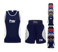 PSS Ensemble Boxe Enfants 3 à 14 Ans 2 Pièces Short + Débardeur Tenue Boxe Kick Boxing Muay Thai Boxe Anglaise Française, Réf. 912, Bleu Marine Taille 9-10 Ans