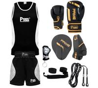 PSS Ensemble Boxe Enfants Muay Thai Kickboxing Boxe Anglaise Française 6 Pièces Short & Débardeur + Gants Boxe Enfants 6 OZ + 2 Pattes d’Ours + Accessoires, Noir & Doré, 7-8 Ans