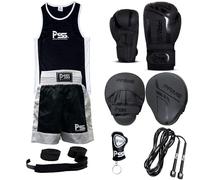 PSS Ensemble Boxe Enfants Muay Thai Kickboxing Boxe Anglaise Française 6 Pièces Short & Débardeur + Gants Boxe Enfants 6 OZ + 2 Pattes d’Ours + Accessoires, Noir, 13-14 Ans