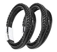 Pssopp 2pcs Bijoux de Manche à Poignet Vintage, Bracelet en Cuir de Première Bouton Magnétique avec Fermoir en Acier Inoxydable pour Hommes Business Travel Mothers (Boucle en Alliage Noir + Marron)