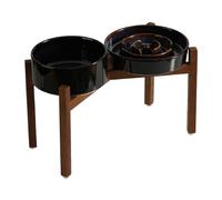 Pssopp Gamelles pour Chat, Gamelles en Céramique Anti-étouffement pour Chien avec Support en Bois pour Chiens de Petite et Moyenne Taille, Mangeoire Lente Surélevée pour Chien (Bol 6,1 Pouces + 7,3