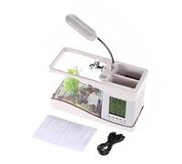 Pssopp Mini Aquarium USB avec Horloge à Affichage Numérique LCD et Lumière LED Colorée pour Le Rangement des Stylos de Décoration de Bureau (White)