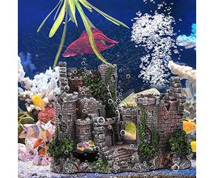Pssopp Ornements d'aquarium en Résine, Château, Réservoir de Poissons pour Petits Poissons avec Maison de Cachette de Simulation 7,48 X 5,51 X 3,15 Pouces pour Les Amateurs d'aquarium