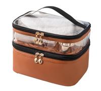 Pssopp Trousse de Maquillage Double Couche, Matériau PVC, Rangement Pratique avec Poignée Confortable, Indispensable pour la Maison et Les Voyages, 23 X 7 X 16 cm. (Brown)