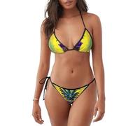 Psych Ananas Citation Imprimé Femmes Deux Pièces Bikini Maillot de Bain Sexy Halter Triangle Tops String Bikini Ensembles, noir, Taille M