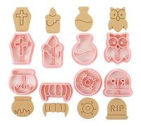 PTaizjjz Mini emporte-pièces pour biscuits d'Halloween - 8 tampons 3D Halloween - Bougie, pierre tombale, chouette, alchimie, four, œil, cercueil, dents de vampire, emporte-pièces pour biscuits