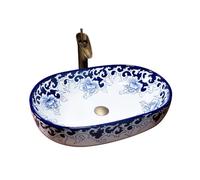 PTBMSE Lavabo de salle de bain à poser sur le plan de travail rétro Lavabo de salle de bain de style chinois en porcelaine bleue et blanche Évier de salle de bain en céramique Art comptoir Vanity