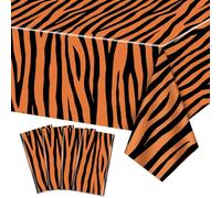 PTECDROTS Lot de 4 nappes rectangulaires en plastique avec imprimé tigre, motif animal de safari, nappe à rayures pour décoration de fête du zoo, de la jungle, du safari, 130 x 220 cm