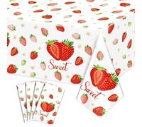 PTECDROTS Sweet One Lot De 4 Nappes Rectangulaires À Motif Fraises pour Enfants, Filles, Anniversaire, Fête Prénatale, Fête De Fruits D'été, 130 X 220 Cm, Blanc