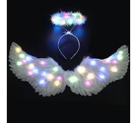 Ptesuply Ailes d'ange, ailes d'ange illuminate et halo, avec lumières LED, 3 modes d'éclairage, costume d'ange blanc, pour Halloween, Noël, Cosplay, fêtes, Coloré, L
