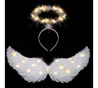 Ptesuply Ailes d'ange lumineuses et auréole avec lumières LED - 3 modes d'éclairage - Déguisement d'ange blanc pour Halloween, Noël, cosplay, fête (taille M, couleur chaude)