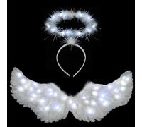 Ptesuply Ailes d'ange lumineuses et auréole avec lumières LED - 3 modes d'éclairage - Déguisement d'ange blanc pour Halloween, Noël, cosplay, fête (taille M, blanc froid)