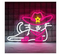 PTHEN Décor Mural Lumière Enseigne Au Néon Avec Chapeau De Cowboy Et Chat Pour Décoration Murale, Lumières Mignonnes Pour Chambre D'enfant, Fête D'anniversaire, Bar 42x28.2cm