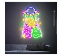 PTHEN Décor Mural Lumière Enseignes Au Néon Faites À La Main Alimentées Par USB Luminosité Réglable, Visage Souriant Ovni Lumières Au Néon Adaptées À La Décoration Fête 60cmx40cm(C)