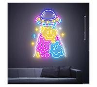 PTHEN Décor Mural Lumière Enseignes Au Néon Faites À La Main Alimentées Par USB Luminosité Réglable, Visage Souriant Ovni Lumières Au Néon Adaptées À La Décoration Fête 60cmx40cm(UNE)