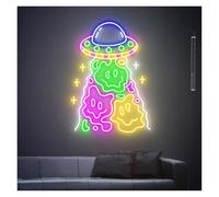 PTHEN Décor Mural Lumière Enseignes Au Néon Faites À La Main Alimentées Par USB Luminosité Réglable, Visage Souriant Ovni Lumières Au Néon Adaptées À La Décoration Fête 60cmx40cm(B)