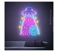 PTHEN Décor Mural Lumière Enseignes Au Néon Faites À La Main Alimentées Par USB Luminosité Réglable, Visage Souriant Ovni Lumières Au Néon Adaptées À La Décoration Fête 60cmx40cm(Ré)