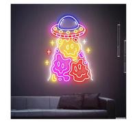 PTHEN Décor Mural Lumière Enseignes Au Néon Faites À La Main Alimentées Par USB Luminosité Réglable, Visage Souriant Ovni Lumières Au Néon Adaptées À La Décoration Fête 60cmx40cm(E)