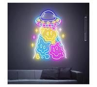 PTHEN Décor Mural Lumière Enseignes Au Néon Faites À La Main Alimentées Par USB Luminosité Réglable, Visage Souriant Ovni Lumières Au Néon Adaptées À La Décoration Fête 60cmx40cm(F)