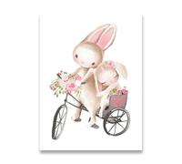 PTHEN Impression sur Toile Peinture Affiche De Lapin, Peintures d'animaux, Art Mural De Chambre d'enfant,Peinture De Fleurs Roses, Dessin Animé, Image, Décoration De Chambre De Bébé(H,40X50cm)