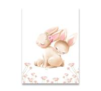 PTHEN Impression sur Toile Peinture Affiche De Lapin, Peintures d'animaux, Art Mural De Chambre d'enfant,Peinture De Fleurs Roses, Dessin Animé, Image, Décoration De Chambre De Bébé(C,50x70cm)