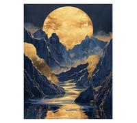 PTHEN Impression sur Toile Peinture Paysage Bleu Montagne Arbre Forêt Pin Temple Rivière Or Soleil Affiche Toile Peinture Impression pour Salon Maison Mur Art Décor(H,50x70cm)