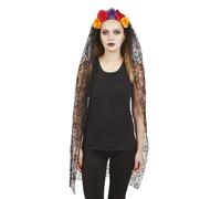 P'TIT CLOWN - 16108 - Serre-Tête Halloween Femme - Voile avec Fleurs - Day of the Dead - Jour des Morts