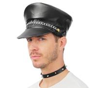 P'TIT CLOWN - 17105 - Casquette de Biker avec Chaîne - Punk, Rocker Cap - Accessoire de Déguisement - Pour Carnaval, Halloween, Fêtes à Thèmes, Soirées Costumées - Adulte Unisexe - Simili Cuir Noir