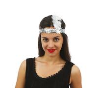 P'TIT CLOWN - 20141 - Bandeau Charleston à Sequins avec Plume - Sequins Headband - Accessoire de Déguisement - Carnaval, Fête à Thème, Nouvel An, St Sylvestre, Paillettes, Soirées Déguisées - Argent