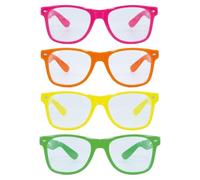 P'TIT CLOWN - 22673 - Lot de 4 lunettes Fluo - Accessoire de Déguisement Années 80 - Carnaval, Festivals, Pride, Fêtes à Thèmes, Soirées Costumées - Multicolore - Sans Correction - Plastique