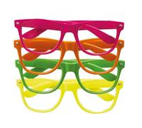 P'TIT CLOWN - 22673 - Lot de 4 lunettes Fluo - Accessoire de Déguisement Années 80 - Carnaval, Festivals, Pride, Fêtes à Thèmes, Soirées Costumées - Multicolore - Sans Correction - Plastique