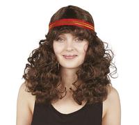 P'TIT CLOWN - 76740 - Perruque Hippie Femme - Hippie's Wig - Accessoire de Déguisement - Carnaval, Festival, Pride, Nouvel An, Halloween, Fête à Thème - Cheveux Synthétiques - Brun Bouclés, Bandeau