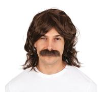 P'TIT CLOWN - 96015 - Perruque Années 70's, 80's avec Moustache - 70's, 80's Wig - Parfait pour Carnaval, Fêtes à Thèmes, Soirées Costumées, Soirées Costumées - Cheveux Synthétiques - Adulte - Brun