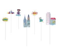 P'tit Clown CAM ET LEON - Accessoires Décoration d’Anniversaire Enfant - Thème Super Héros - Assiettes, Gobelets, Serviettes, Confettis, Sachets, Cartes d’Invitation (Pique à gâteau x6)