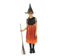P'TIT CLOWN - Costume Halloween Fille Sorcière - Déguisement pour Enfant - Robe, Chapeau, Ceinture - Cosplay, Carnaval, Fêtes Costumées et Évènements à Thème (Orange, Noir, 10-12 ans)
