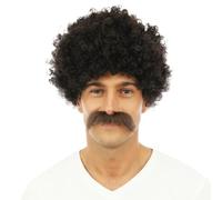 P'TIT CLOWN - Perruque Homme Courte Frisée et Moustache - Accessoire de Déguisement Années 70, 80 - Carnaval, Fête à Thème, Cosplay, Manga, Nouvel An, Halloween - Cheveux Synthétiques (Brun)