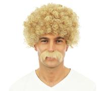 P'TIT CLOWN - Perruque Homme Courte Frisée et Moustache - Accessoire de Déguisement Années 70, 80 - Carnaval, Fête à Thème, Cosplay, Manga, Nouvel An, Halloween - Cheveux Synthétiques (Blond)