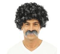 P'TIT CLOWN - Perruque Homme Courte Frisée et Moustache - Accessoire de Déguisement Années 70, 80 - Carnaval, Fête à Thème, Cosplay, Manga, Nouvel An, Halloween - Cheveux Synthétiques (Gris)