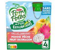 P'tits Explorateurs chez les Samourais : compote pomme pêche fruit du dragon sans sucres ajoutés, POM'POTES - Lot de 4