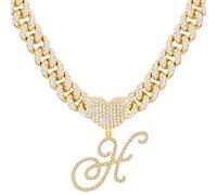 PTJDSMF Chaîne à maillons cubains avec initiale dorée pour femme Miami Iced Out pour femme Collier chaîne diamant Bling Collier Hip Hop, Zinc, Strass