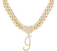 PTJDSMF Chaîne à maillons cubains avec initiale dorée pour femme Miami Iced Out pour femme Collier chaîne diamant Bling Collier Hip Hop, Zinc, Strass