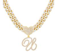 PTJDSMF Chaîne à maillons cubains avec initiale dorée pour femme Miami Iced Out pour femme Collier chaîne diamant Bling Collier Hip Hop, Zinc, Strass