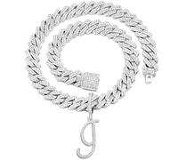 PTJDSMF Collier à maillons cubains plaqué or et argent pour femme avec lettre cursive Miami Chaîne à maillons cubains dorés avec pendentif pour femme, 18 inches x 0.39 inches, Zinc, Strass