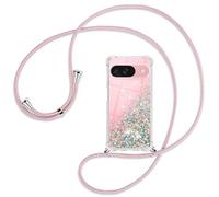 Ptny Coque de protection compatible avec Google Pixel 9/9 Pro - Avec bande - En silicone à paillettes - Anti-chocs - Avec cordon de suspension, pour femme