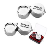 Ptwola Lot de 2 loupes de bijoutier - Loupe de poche pliable en verre - En acier inoxydable - Avec boucle à bijoux - Lentille grossissante argentée - Avec boîte pour pièces de monnaie, timbres,